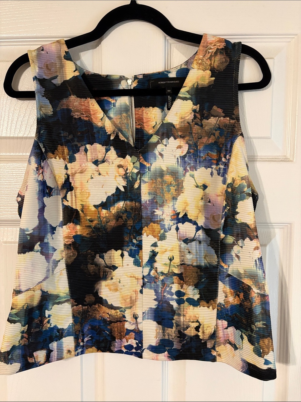 Robert Rodriguez Floral Pleated V-Neck Camisole in Blue, Cream, Brown
